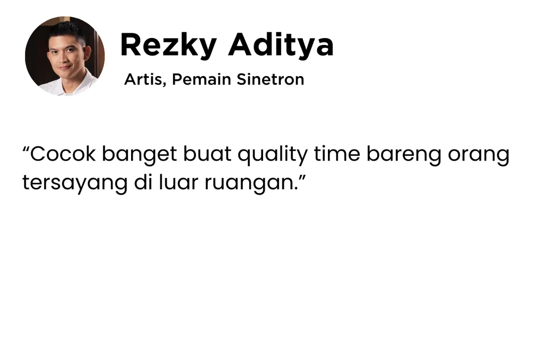 Profile picture of Rezky Aditya, with his name and profession, Artis, Pemain Sinetron, along with a quote in Indonesian about enjoying quality time with loved ones outside the room.