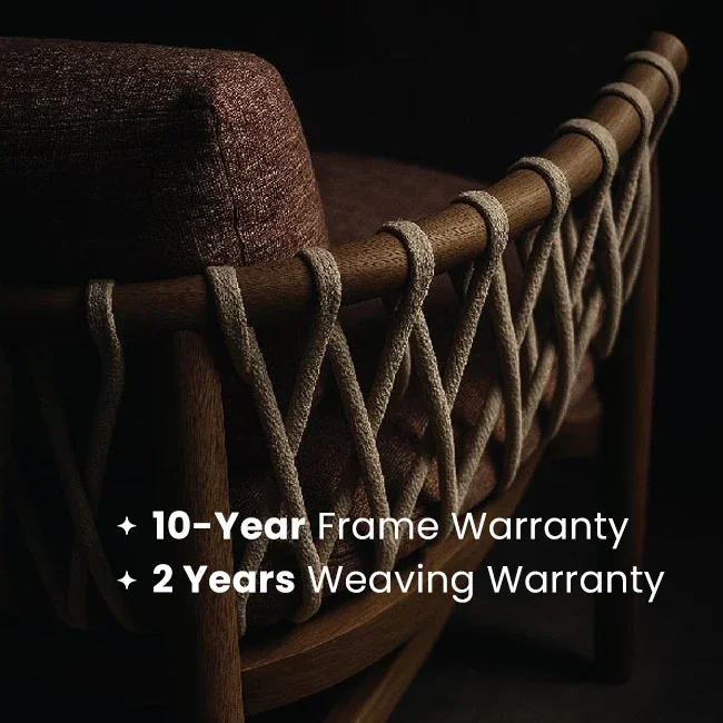 Close-up of a wooden chair with woven rope sides and a cushioned seat, dark background, overlaid with white text mentioning a 10-year frame warranty and 2-year weaving warranty.