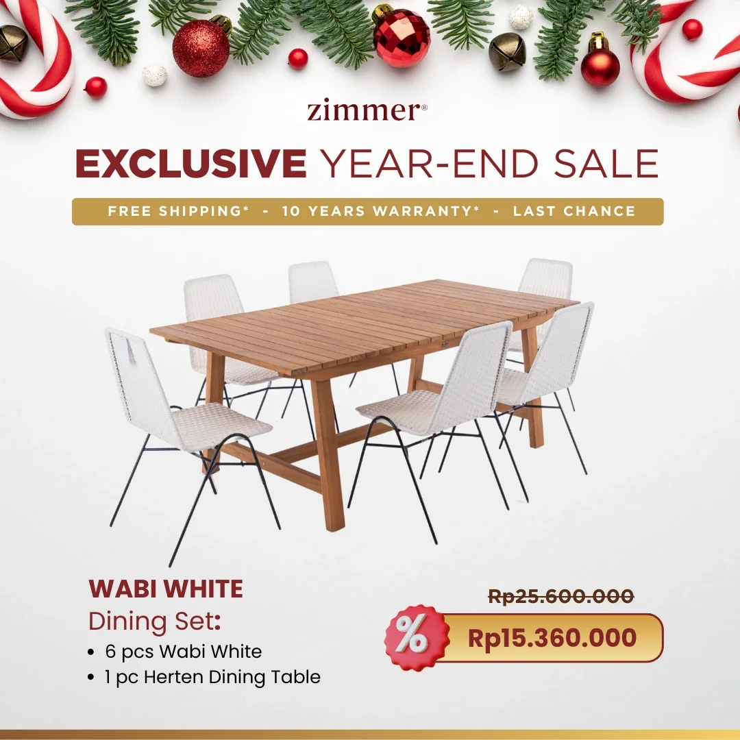 A promotional advertisement featuring a wooden dining table set with six white chairs, holiday decorations including ornaments and pine branches, and text highlighting a year-end sale with discounted prices.