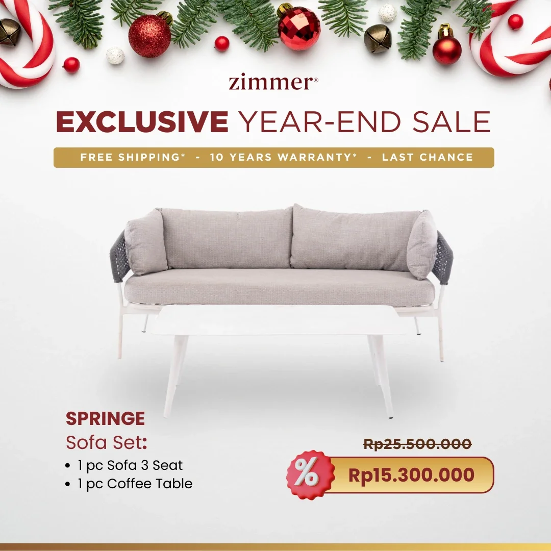 Holiday advertisement for Zimmer's exclusive year-end sale featuring a gray sofa set with a coffee table, festive decorations, and promotional price of Rp15.300.000.