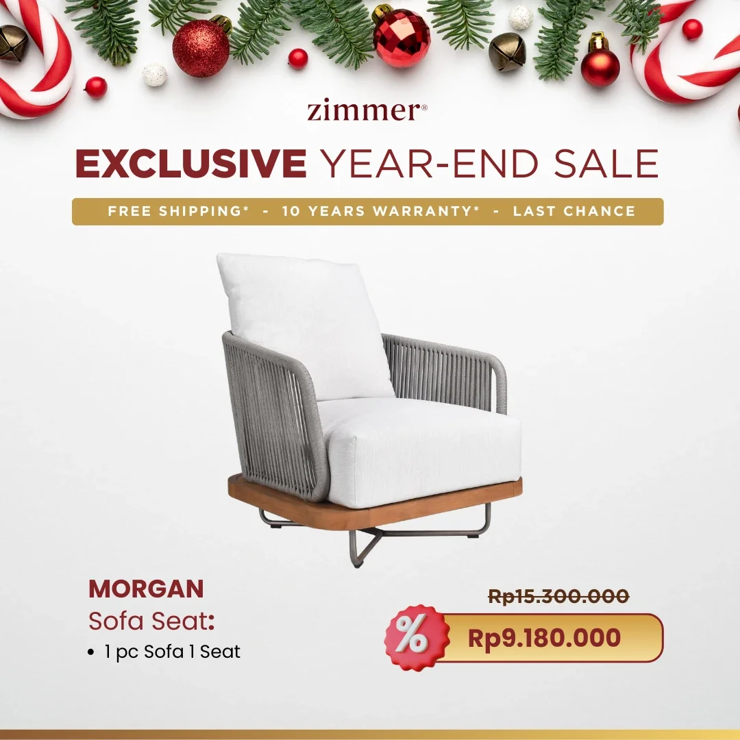 Christmas-themed promotion poster featuring Pine branches and red, white, and gold ornaments at the top. It advertises an exclusive year-end sale by Zimmer offering free shipping, a 10-year warranty, and a last chance sale. The image showcases a mode