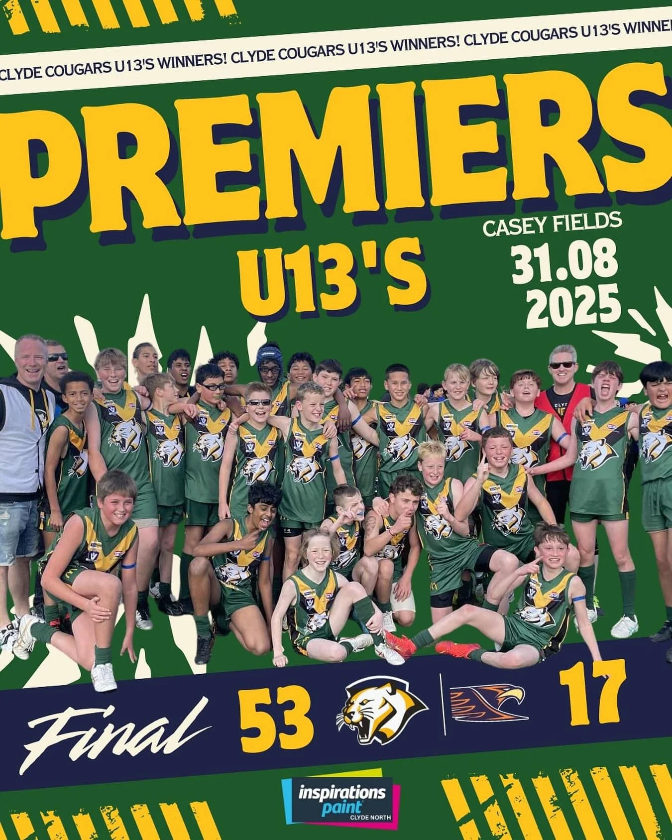 🏆💚💛 PREMIERS!!! 💛💚🏆

History made! Our U13 Boys are the U13 Navy 2025 Premiers &ndash; delivering Clyde Cougars FC our first ever premiership!

From the first bounce of the season to the final siren today, these boys have been nothing short of 