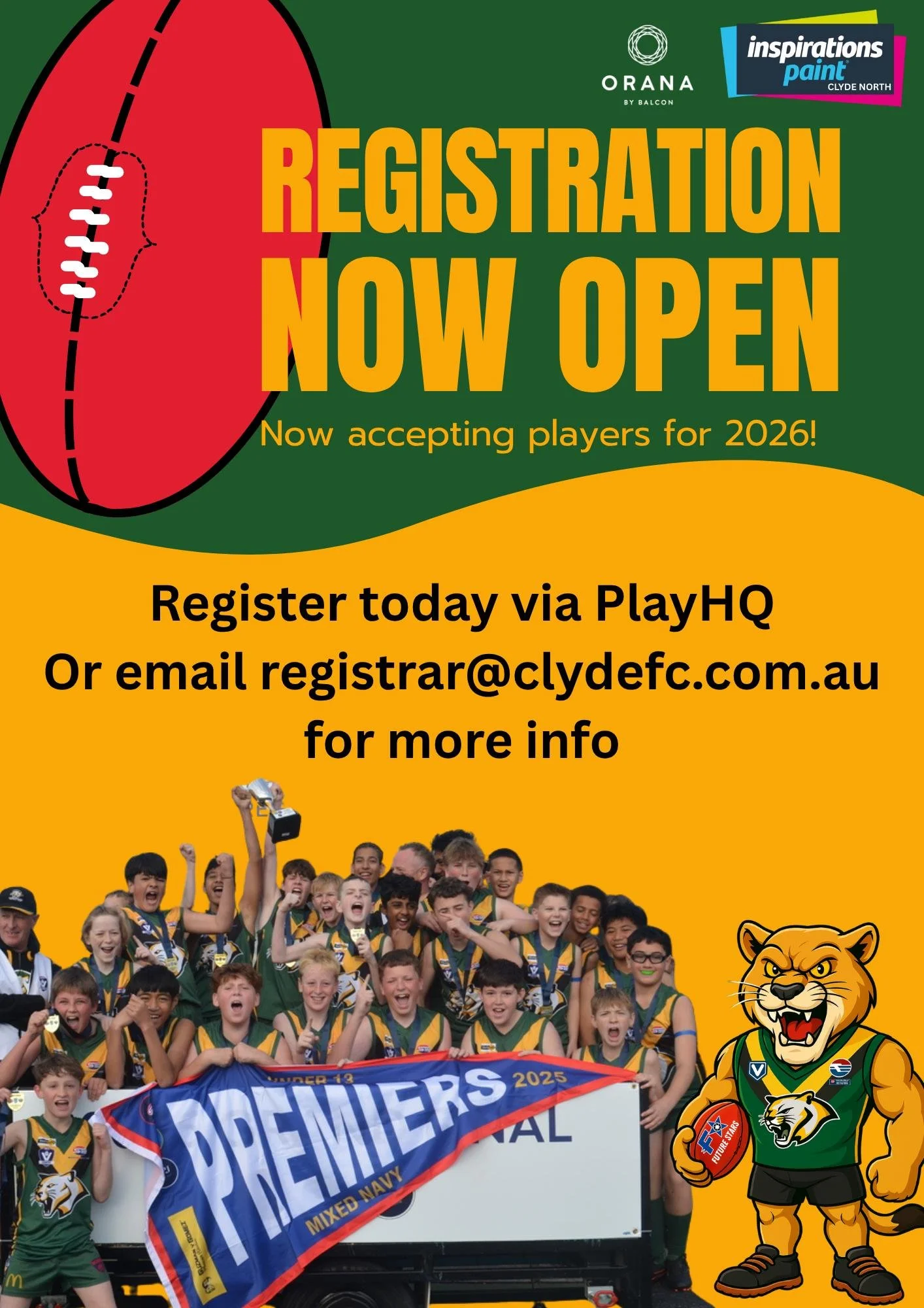 Be Part of the Cougar Family in 2026 &ndash; Registrations Open!

We&rsquo;re excited to welcome all our players and families back for another great year at Clyde Junior Football Club!

Registrations for the 2026 season open on November 1 and must be