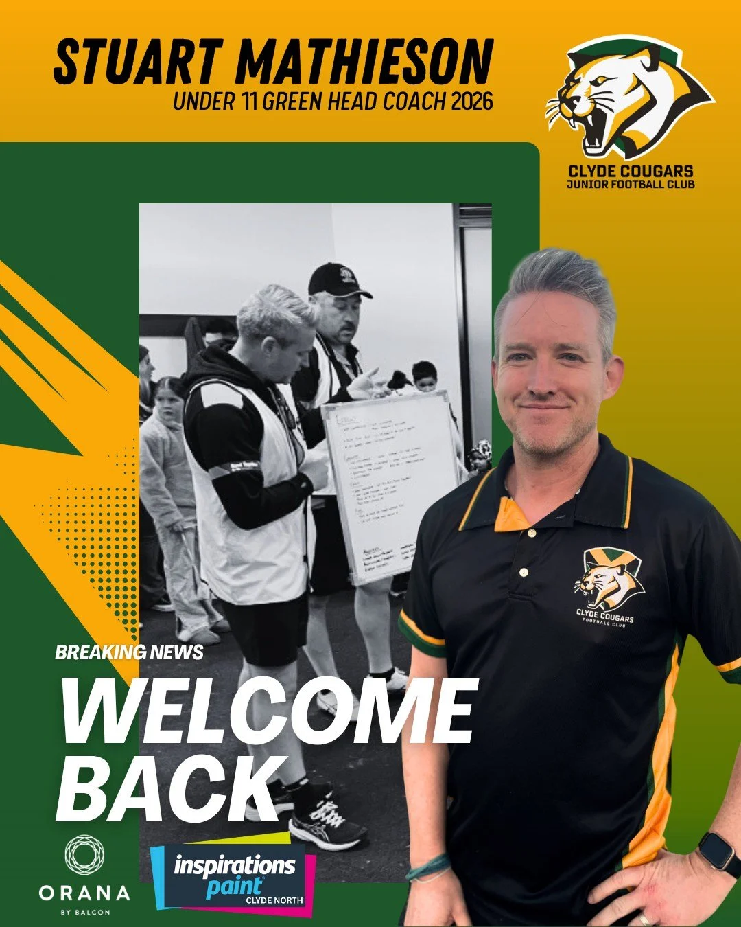 🔥💚 COUGARS COACHING ANNOUNCEMENT! 💚🔥

We&rsquo;re pumped to announce that Stuart Mathieson (The Silver Fox) is BACK as Head Coach of our Under 11 Green team for the 2026 season!

Stuart brings passion, energy, and a whole lot of Cougar spirit &md