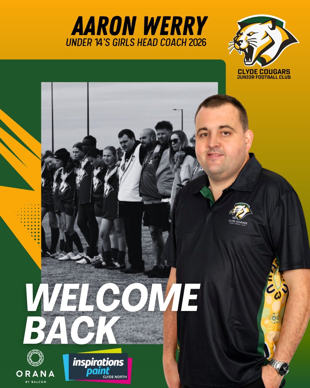 💚💛🔥 U14 GIRLS COACHING ANNOUNCEMENT! 🔥💛💚

We&rsquo;re thrilled to confirm Aaron Werry is back to lead our Under 14 Girls for the 2026 season!

Aaron has taken this group to the finals two years in a row, building belief, confidence and a seriou