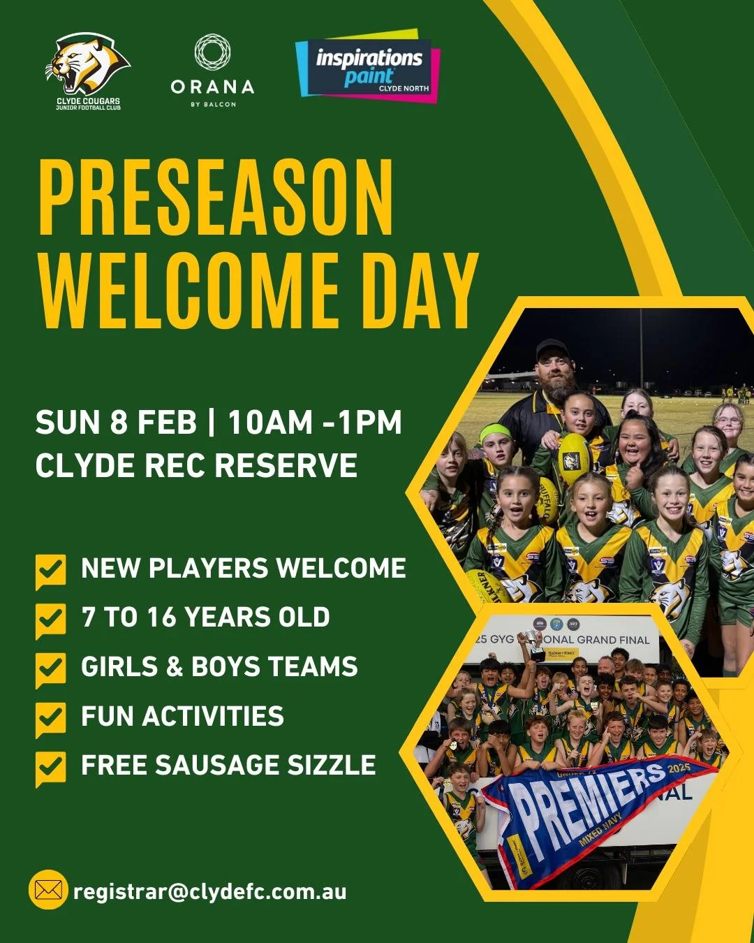 🚨 COUGARS, IT&rsquo;S GO TIME 🚨
The 2026 season starts HERE and we&rsquo;re kicking it off in a BIG way 💚💛

🐯 CLYDE COUGARS PRESEASON WELCOME DAY 🐯
📅 Sunday 8 February
⏰ 10:00am &ndash; 1:00pm
📍 Clyde Rec Reserve

Whether you&rsquo;re brand n