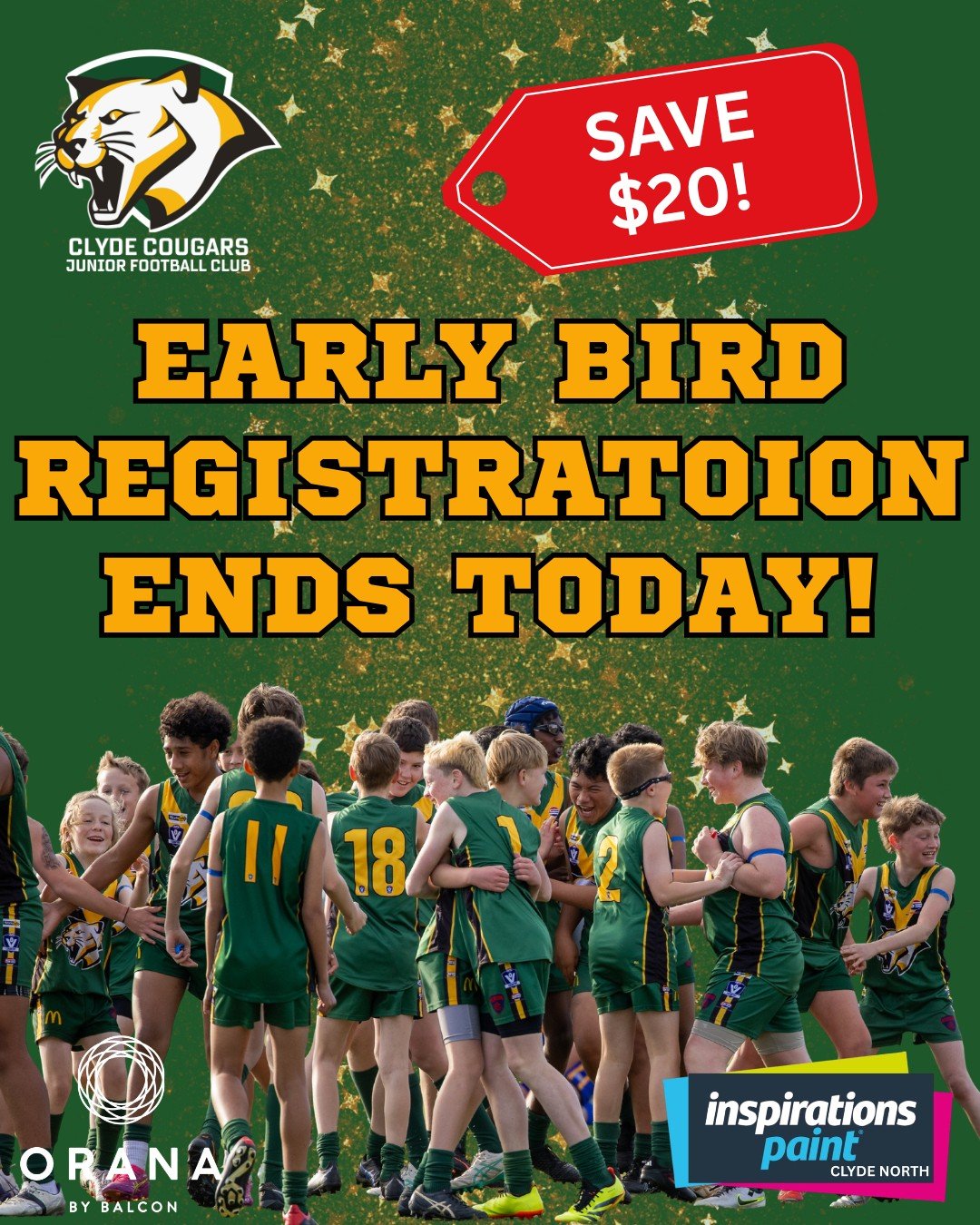 🚨💚 EARLY BIRD REGISTRATION ENDS TODAY! 💛🚨

Cougar families &mdash; this is your last chance to save $20 on your 2026 registration. Don&rsquo;t miss out!

And don't forget you can use Paypal Pay In 4 to spread out the cost!

Lock in your spot for 