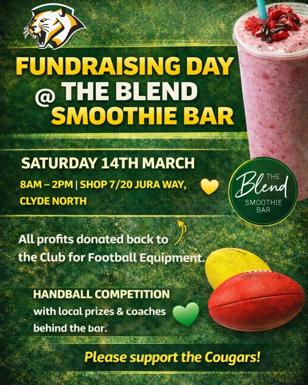 💚💛 COUGARS FUNDRAISING DAY 💛💚

Mark your calendars, Cougar families! In just two weeks, we&rsquo;re heading to @theblendsmoothiebar  The Blend Smoothie Bar for a special Fundraising Day supporting the Clyde Cougars.

📅 Saturday 14th March
⏰ 8:00
