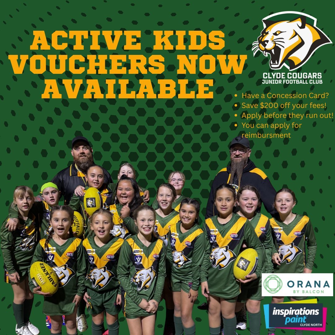 💚💛 ACTIVE KIDS VOUCHERS ARE OPEN &ndash; APPLY ASAP! 💛💚

Great news for Cougar families &mdash; the latest round of Get Active Kids Vouchers is now open! These vouchers can provide up to $200 to help cover registration and participation feesfor e