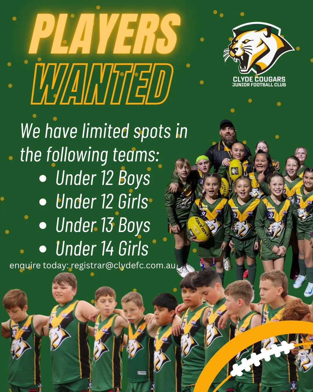 💚💛 PLAYERS WANTED 💛💚

Cougar families, we&rsquo;re nearly at capacity &mdash; but we still have a few limited spots available in some key age groups for the 2026 season!

If your child is keen to play footy, now is the time to get involved and se