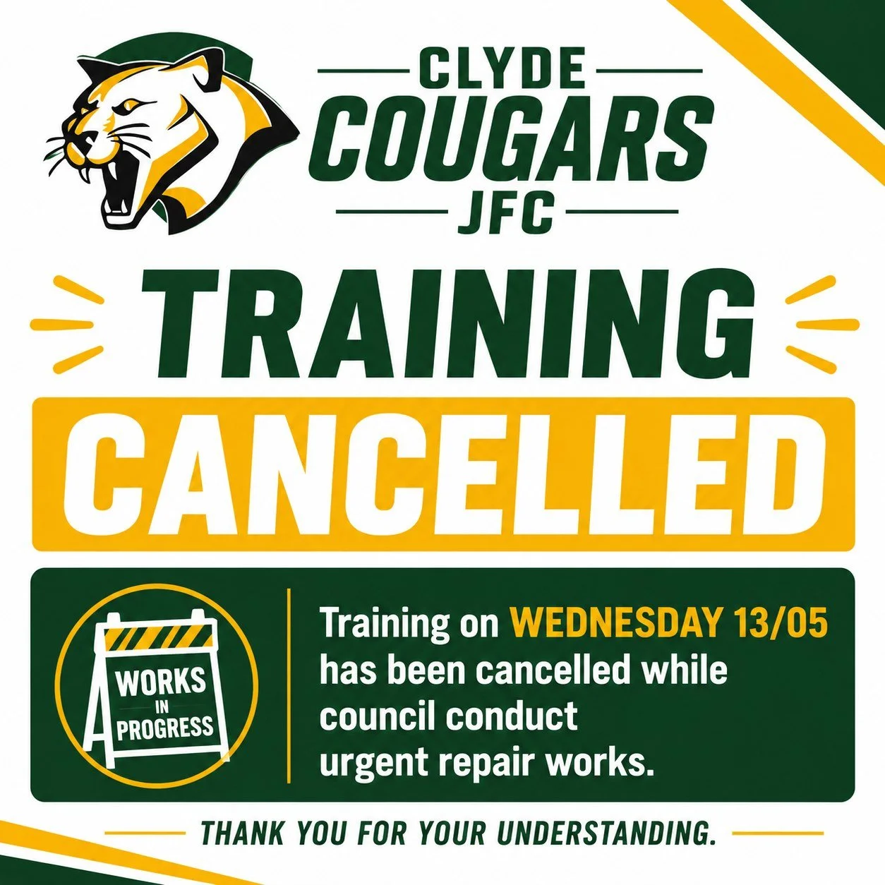 💚💛 TRAINING CANCELLED &ndash; WEDNESDAY 13/05 💛💚

Due to urgent repair works being conducted by council, all training scheduled for Wednesday 13/05 has been cancelled.

Families are encouraged to log into the Stack Team App and check their indivi
