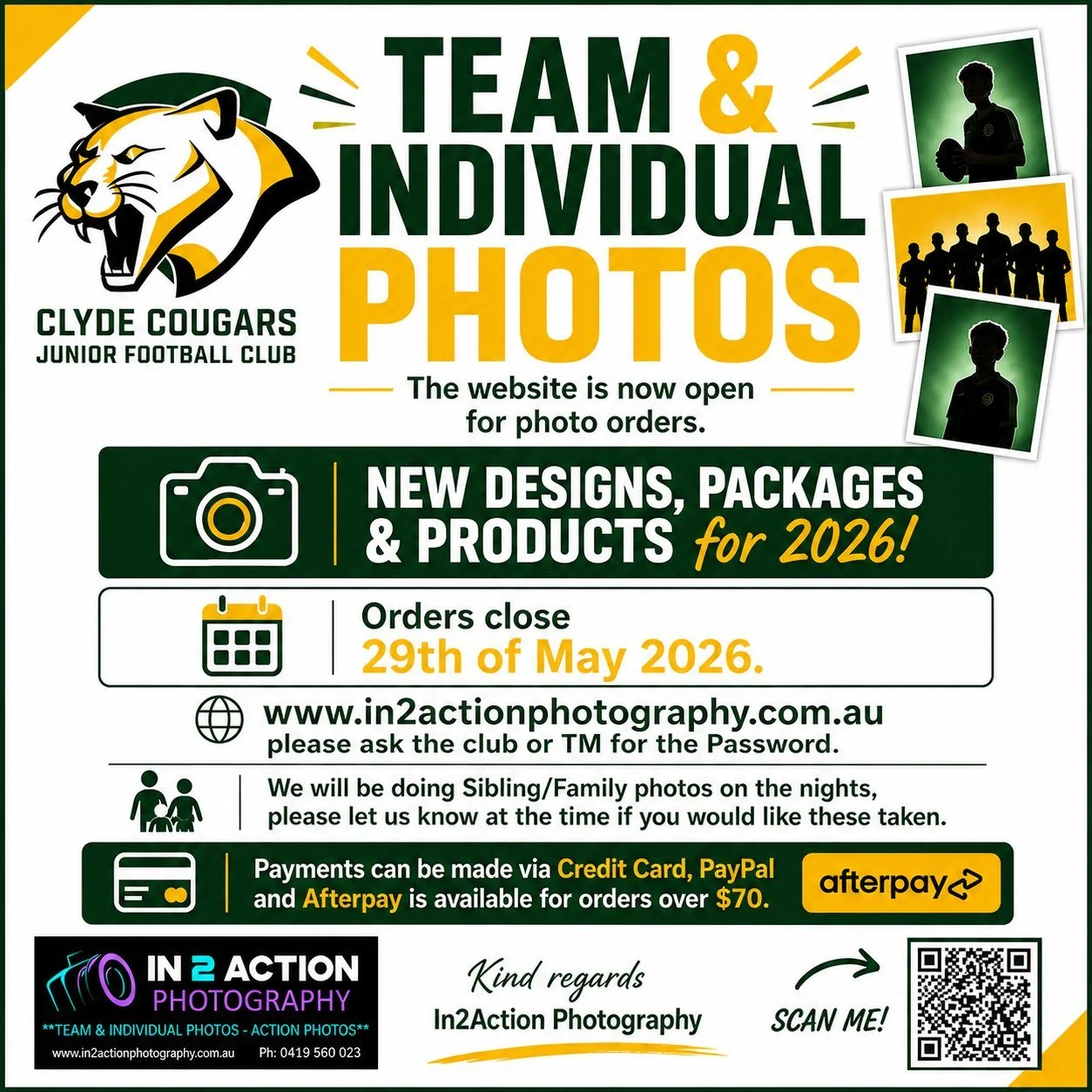 💚💛 TEAM &amp; INDIVIDUAL PHOTOS NOW OPEN 💛💚

The website is now live for all 2026 Clyde Cougars Team &amp; Individual Photo orders 📸

With brand new designs, packages and products available this year, now&rsquo;s the time to lock in your orders 