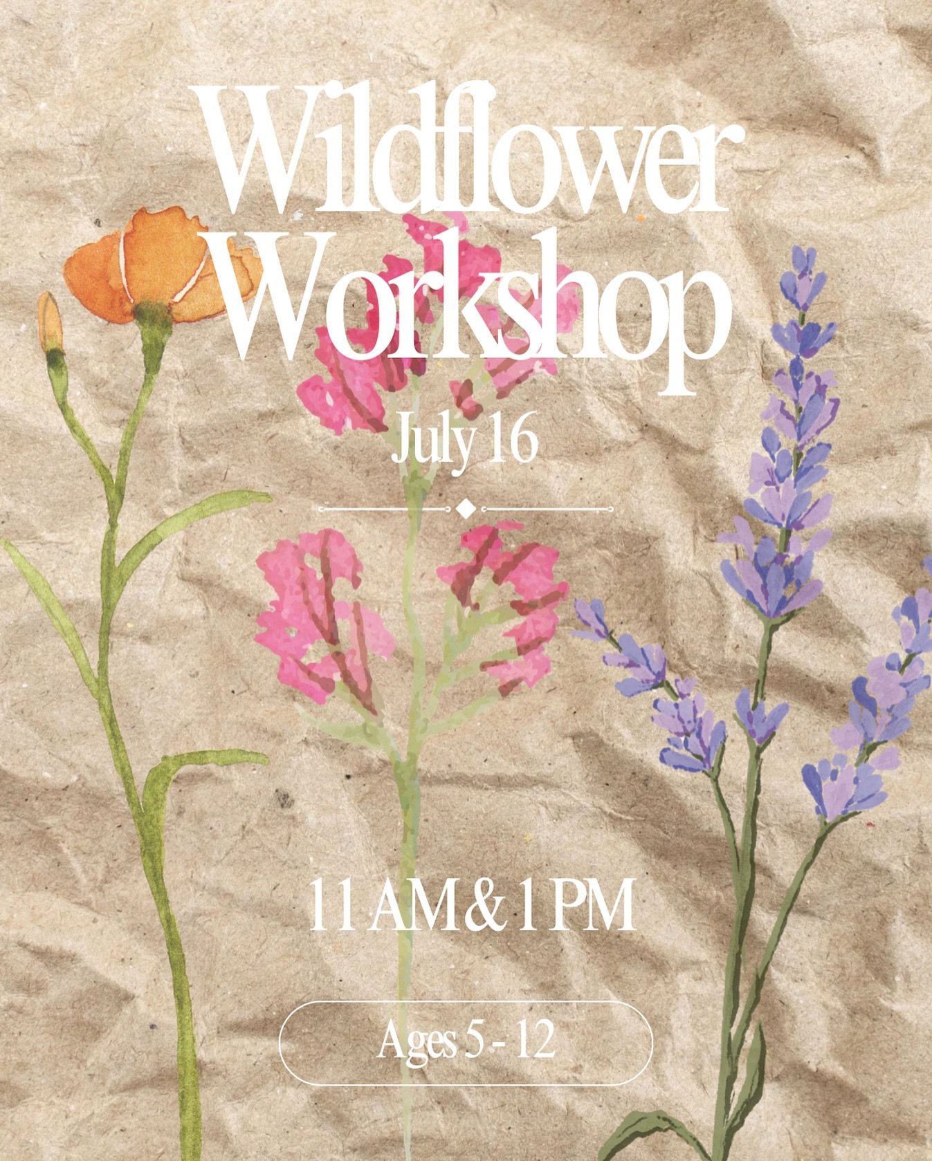 🌼 WILDFLOWER WORKSHOP 🌼
Join us on July 16th for a hands-on, 45-minute class where kids can plant their very own wildflowers! 🌱
Each $20 ticket includes:
✨ Wildflower seeds
✨ Soil
✨ Planter
✨ Watering can
⏰ Two sessions available: 11:00 AM &