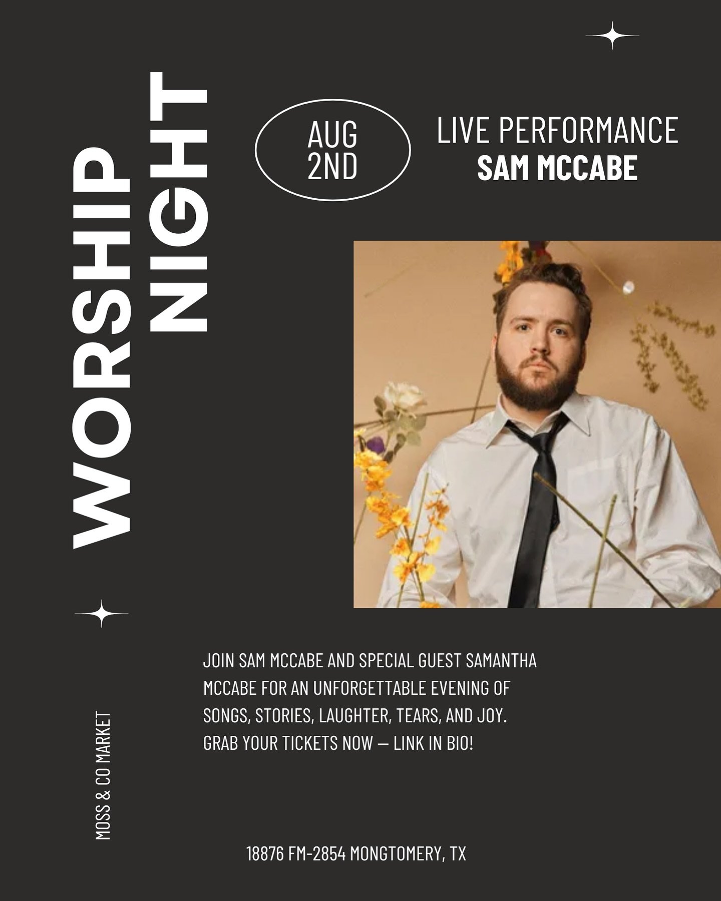 ✨ WORSHIP NIGHT ✨
Join us Saturday, August 2nd for a powerful night of worship, stories, and connection with a live performance by Sam McCabe and special guest Samantha McCabe.
Expect laughter, tears, joy — and a night you won’t forget.