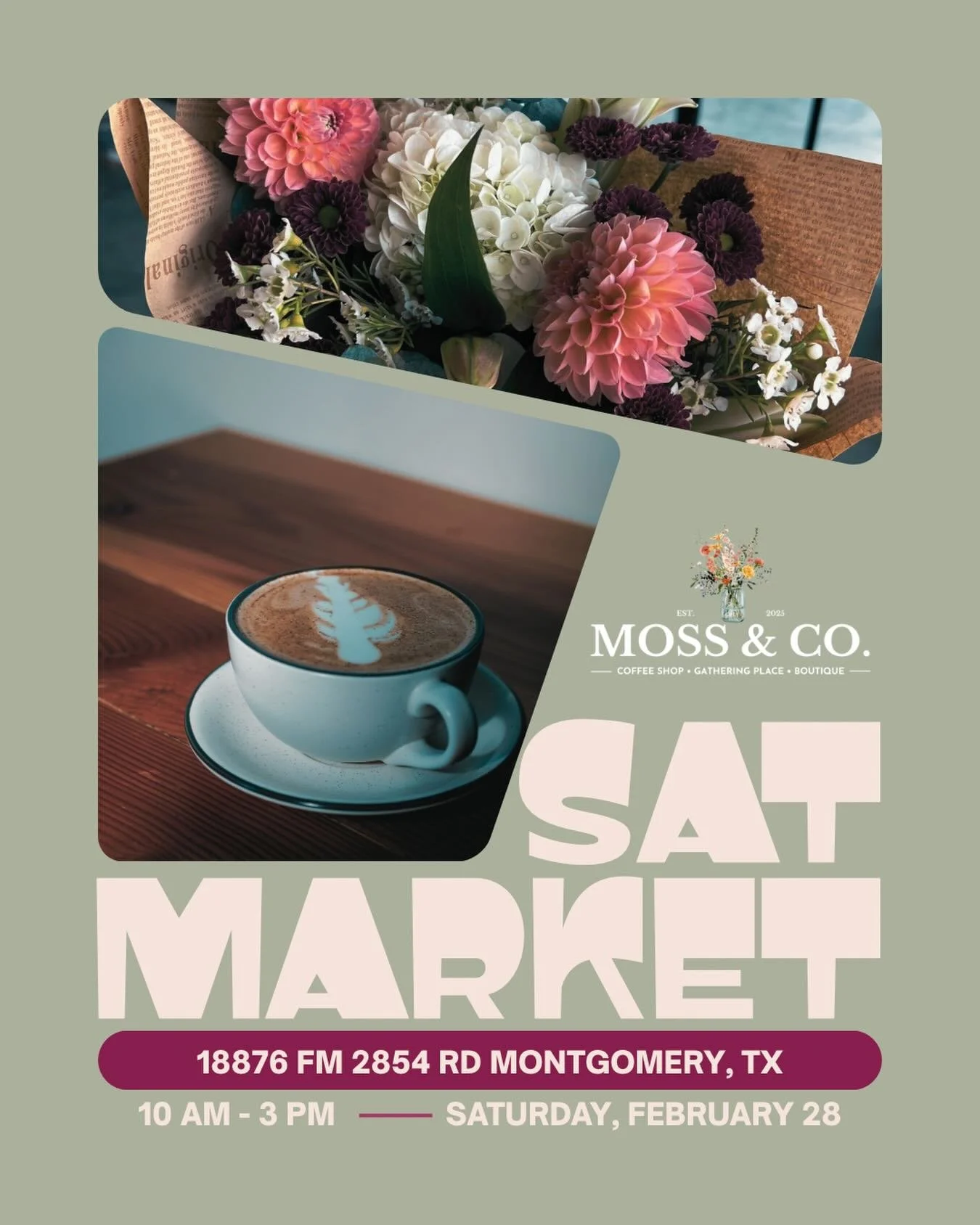 Sip. Shop. Support local. ☕️🌿

Vendor Market at Moss &amp; Co.
🗓 Saturday, February 28th | 10AM&ndash;3PM
📍 18876 FM 2854 Rd, Montgomery, TX

Featuring: 
Her &amp; Reese, Christine&rsquo;s Creations, Pies by Tess, Covered Boutique, Kinthread, Four