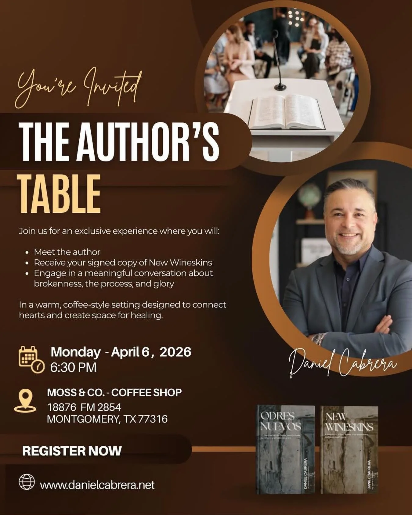 Join us for an intimate evening with Daniel Cabrera at The Author&rsquo;s Table. A space to slow down, connect, and talk honestly about the journey through brokenness and into something new.

✨ Meet the author
📖 Get your signed copy of New Wineskins