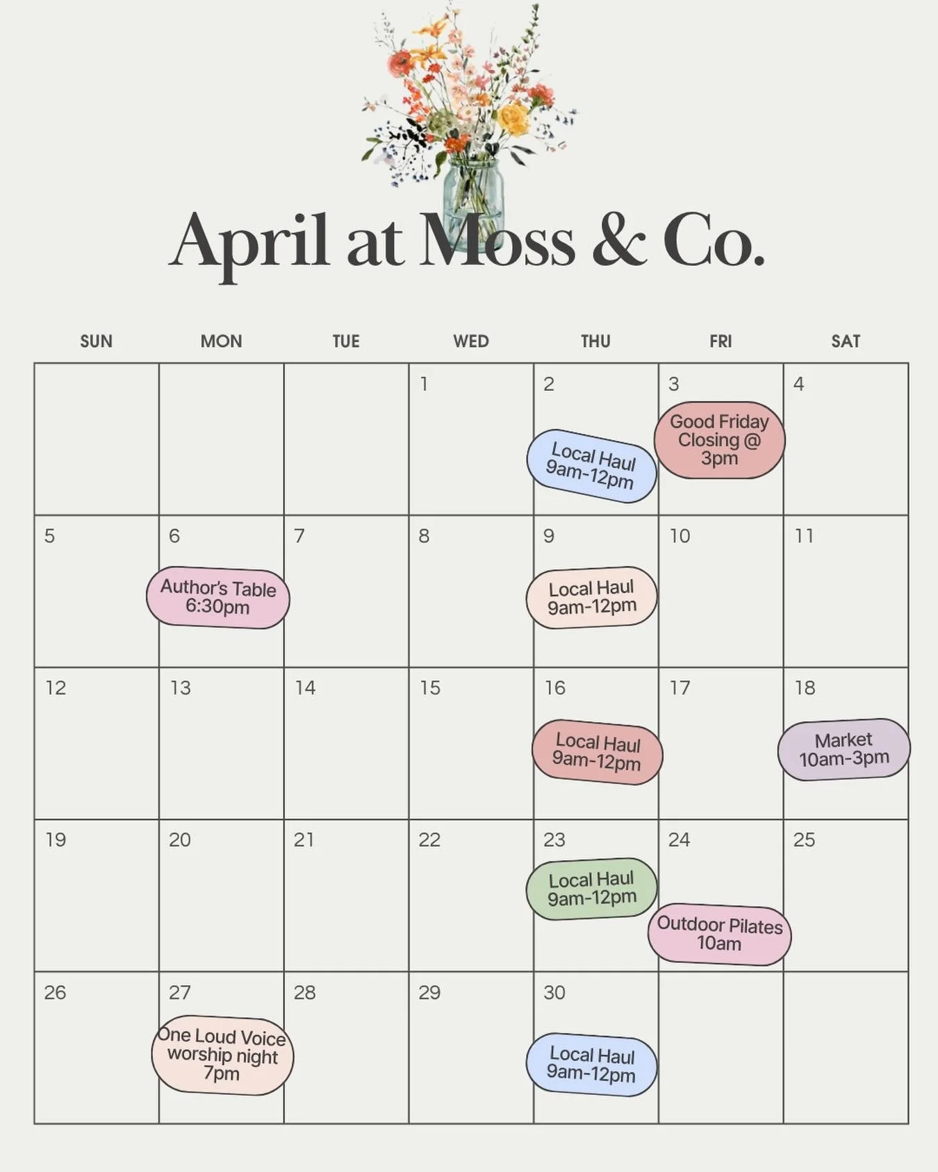 Mark your calendars 🗓️ 

It&rsquo;s going to be a great month here at Moss &amp; Co🌷🌿☕️

@clubpilateswoodforest 
@oneloudvoice 
@urban.hymnal 

#mossandco #coffeeshop #spring