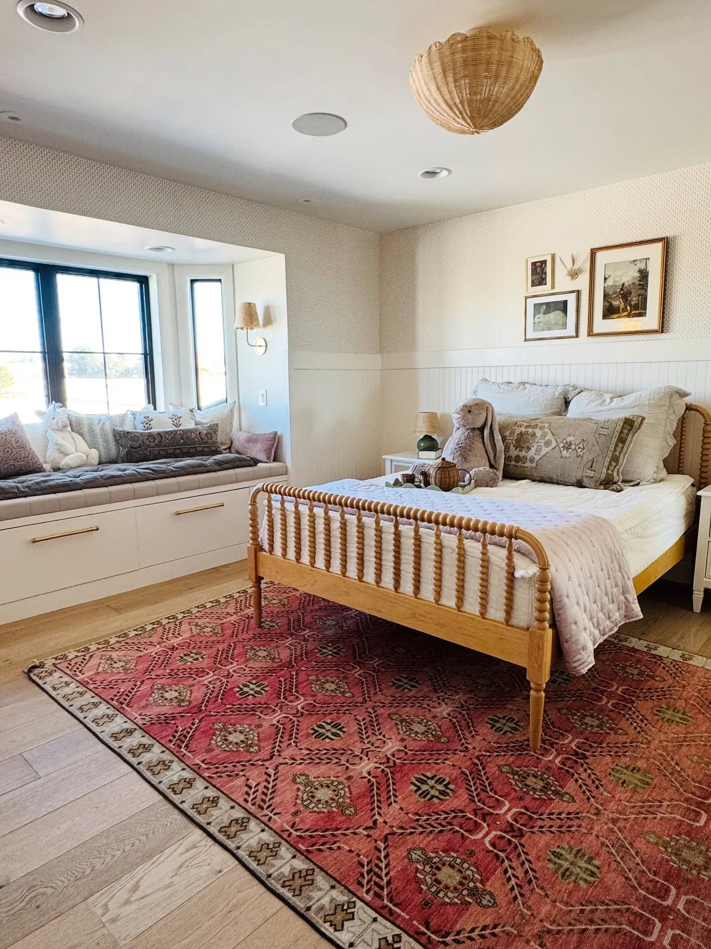 The perfect little girl&rsquo;s suite. Jenny Lind bed, vintage rug, a window seat for reading and daydreaming, the perfect spot for her to hideaway from her brothers, lol. #projectincredibleview #thehappeninghome #denverinteriordesign