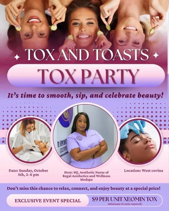 It’s Tox Tuesday and Regal Aesthetics and Wellness is hosting a Tox Party in West Covina! Exclusive pricing for this event of $9/unit, if 20 or more units are purchased!πDM for details and/or to signup! Spots are limited! Sign up now!!
Date: