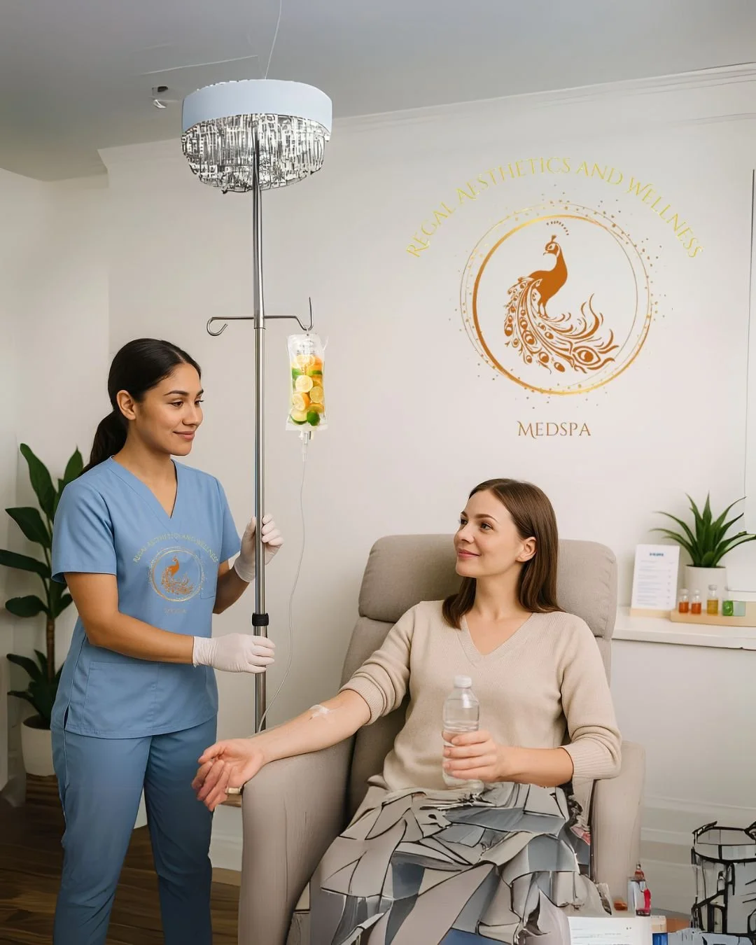 A woman receiving intravenous therapy from a healthcare professional in a wellness clinic with a logo of a peacock on the wall.