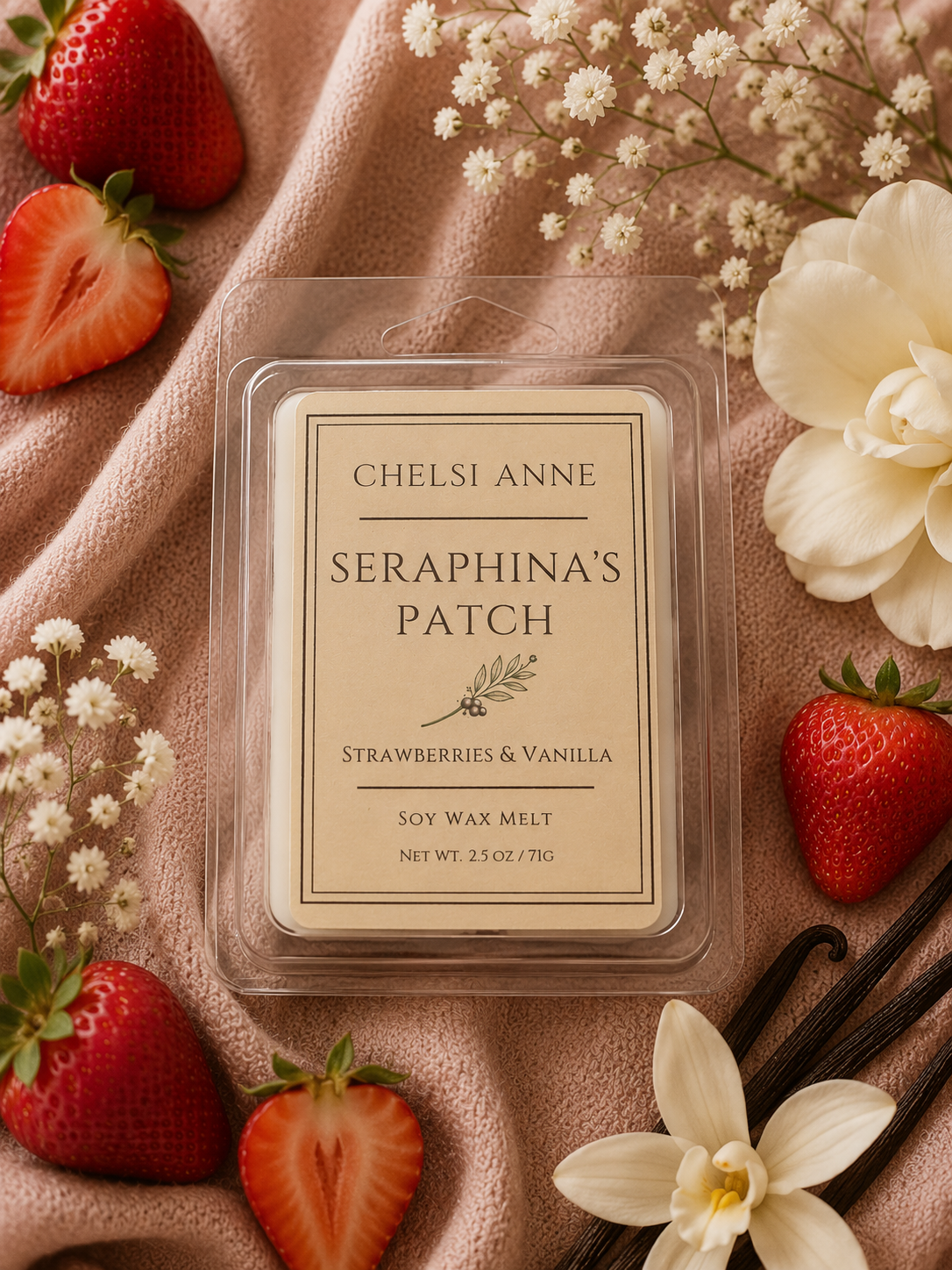 Chelsi Anne Seraphina's Patch strawberry and creme soy wax melt hand-poured small batch luxury home fragrance