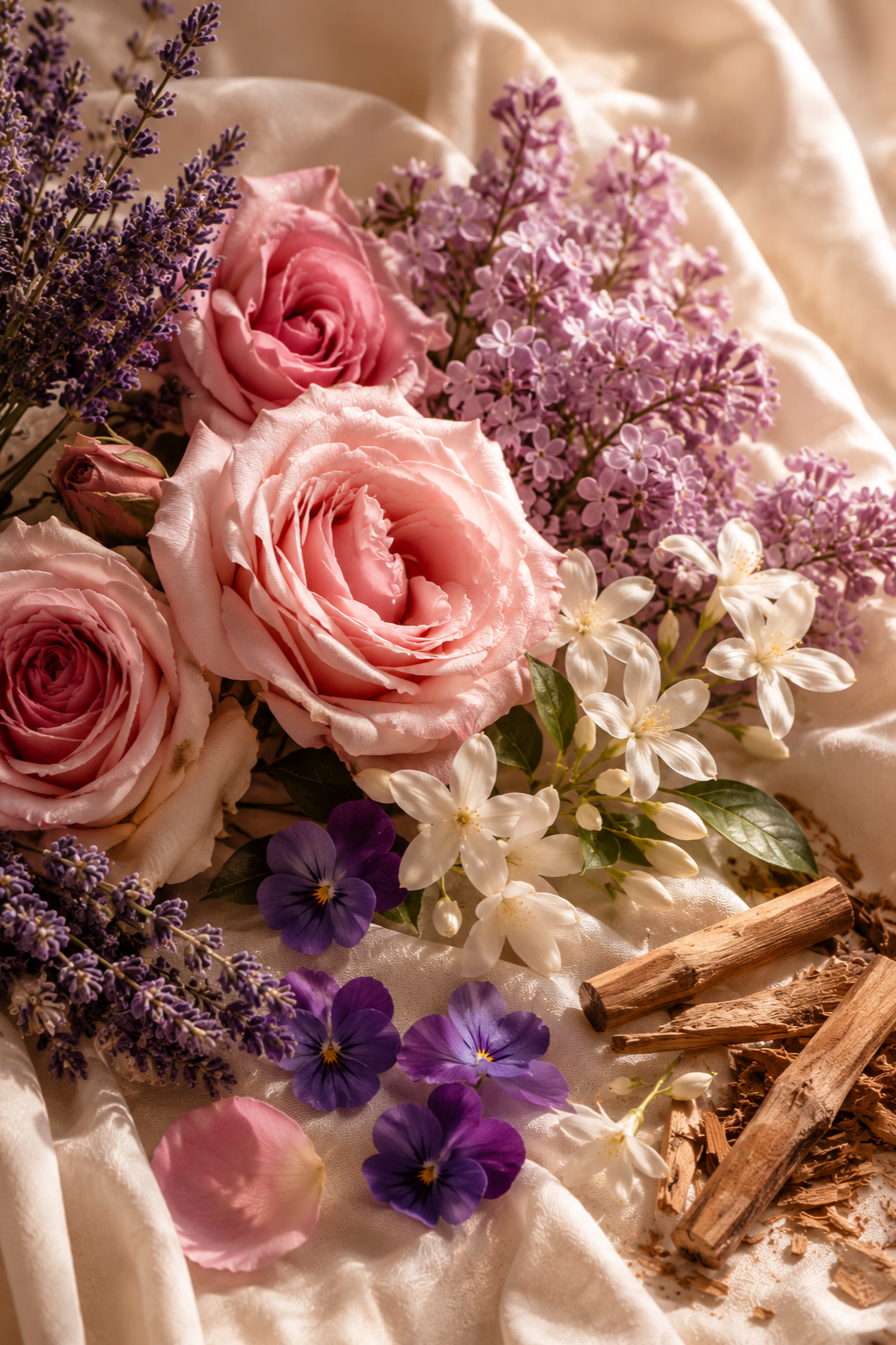 A bouquet of pink roses, purple lavender, white jasmine, and purple pansies rests on cream-colored satin fabric, with wood chips nearby.