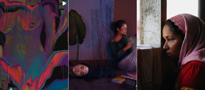 Three women in different settings: the first image shows an abstract painting with vibrant colors; the second shows a woman with a large leaf behind her, looking at her phone while lying on the floor, with another woman lying beside her; the third features a woman wearing a pink headscarf, gazing out a window with a contemplative expression.