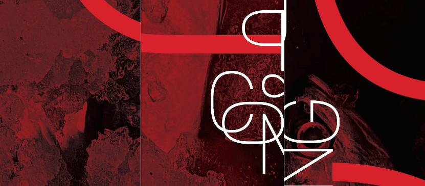 Abstract poster with red, black, and white colors featuring geological textures and distorted text.