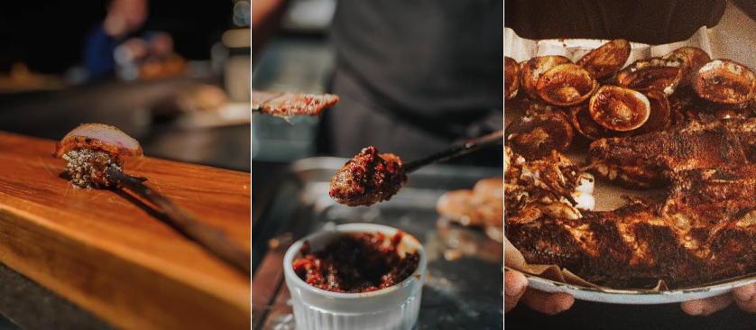 A triptych of images showing various food dishes: the first image shows a sushi roll with chopsticks on a wooden board; the second image shows a food item being dipped into a sauce by a person; the third image shows a plate of roasted or baked seafood, possibly clams or mussels.