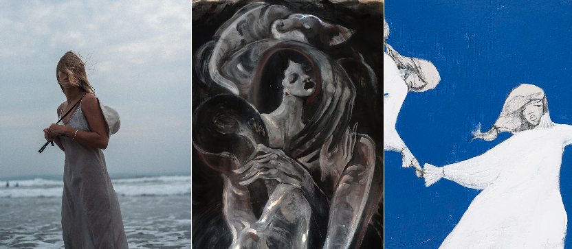 Three different artworks or photographs side by side: a woman in a white dress with a backpack standing on a beach, a monochromatic painting of a woman with flowing hair surrounded by abstract shapes, and a minimalist blue and white illustration of a woman holding an umbrella.
