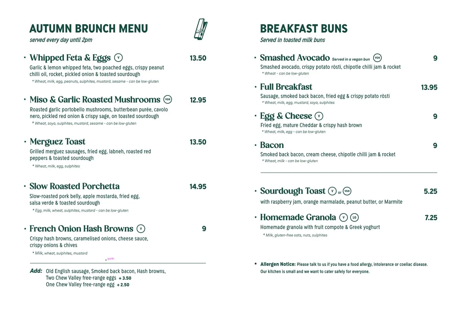 Peggys Autumn Brunch Menu 2026