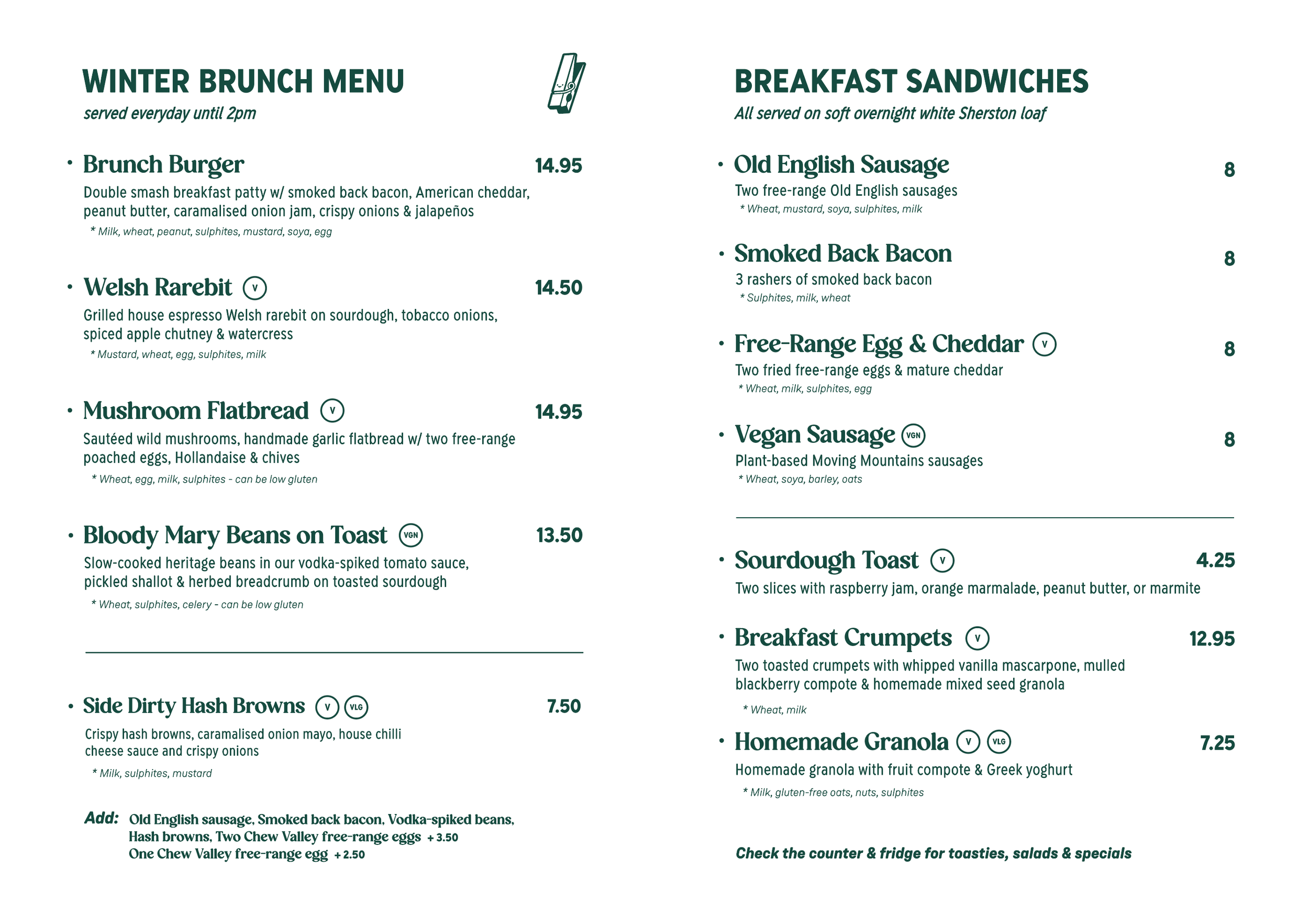Peggy's Winter Brunch Menu - North St - 2026