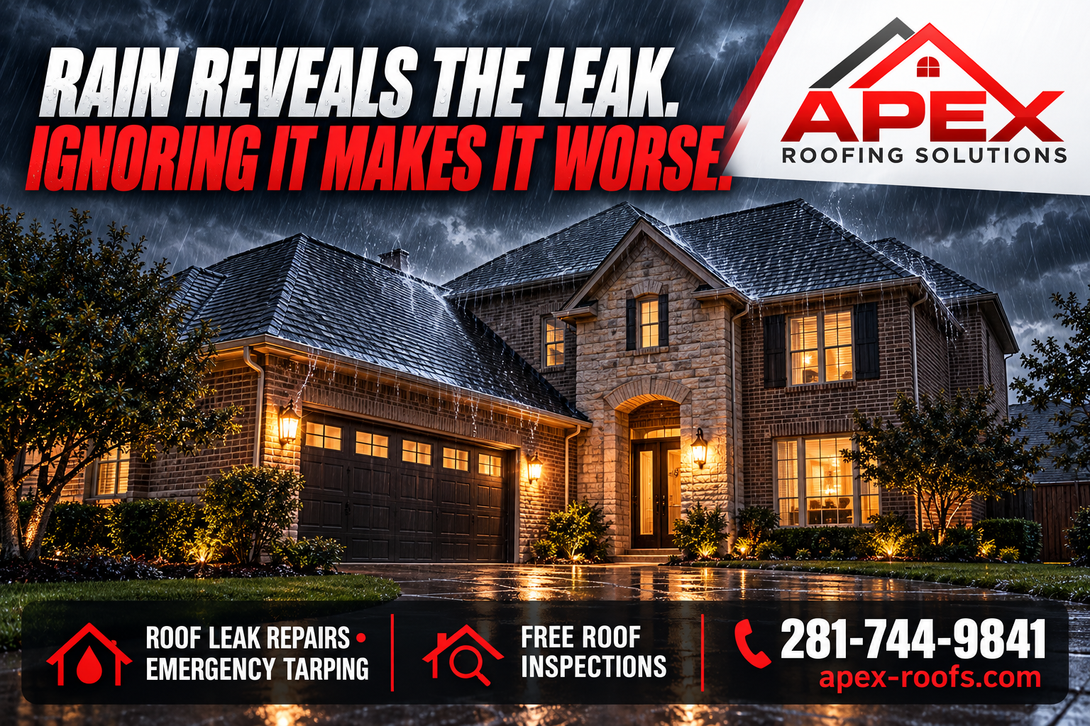 Apex Roofing Solutions roof leak repairs and emergency tarping flyer showing an illustrated home in heavy rain.