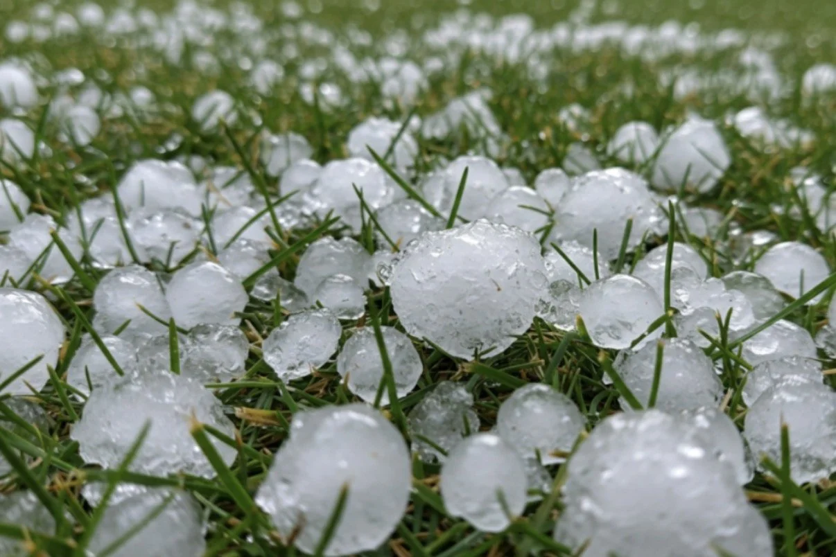 Large hailstones scattered across green grass after a hailstorm.