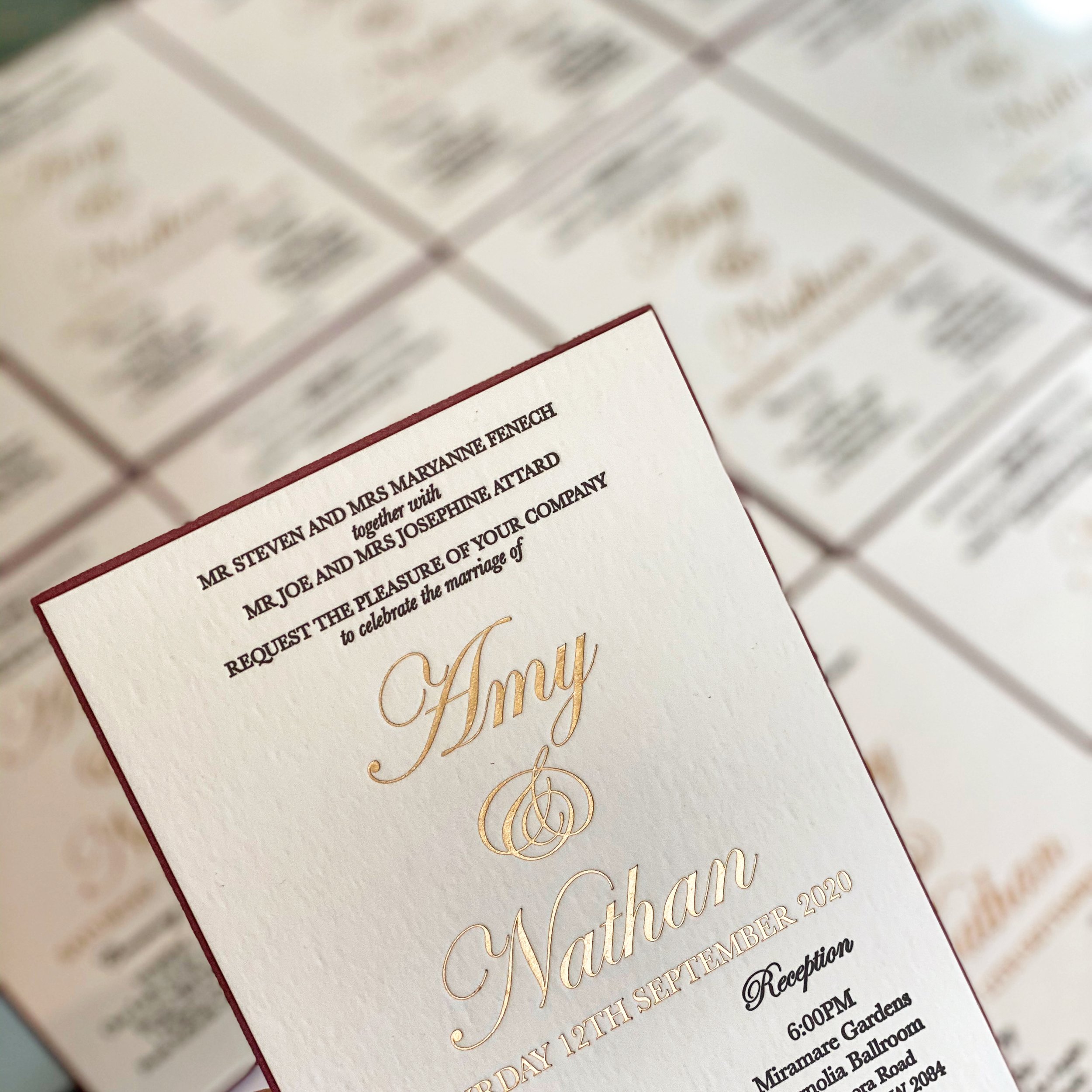 Letterpress cotton texture paper invitation foiled gold