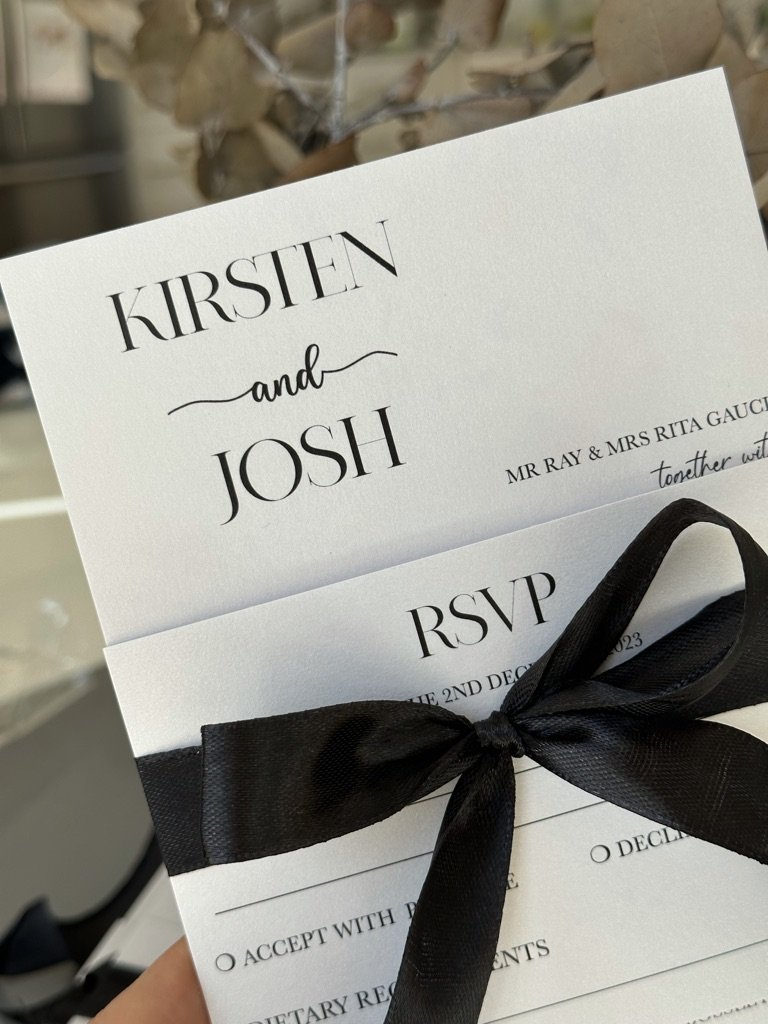 Black white modern wedding invitation black ribbon sydney