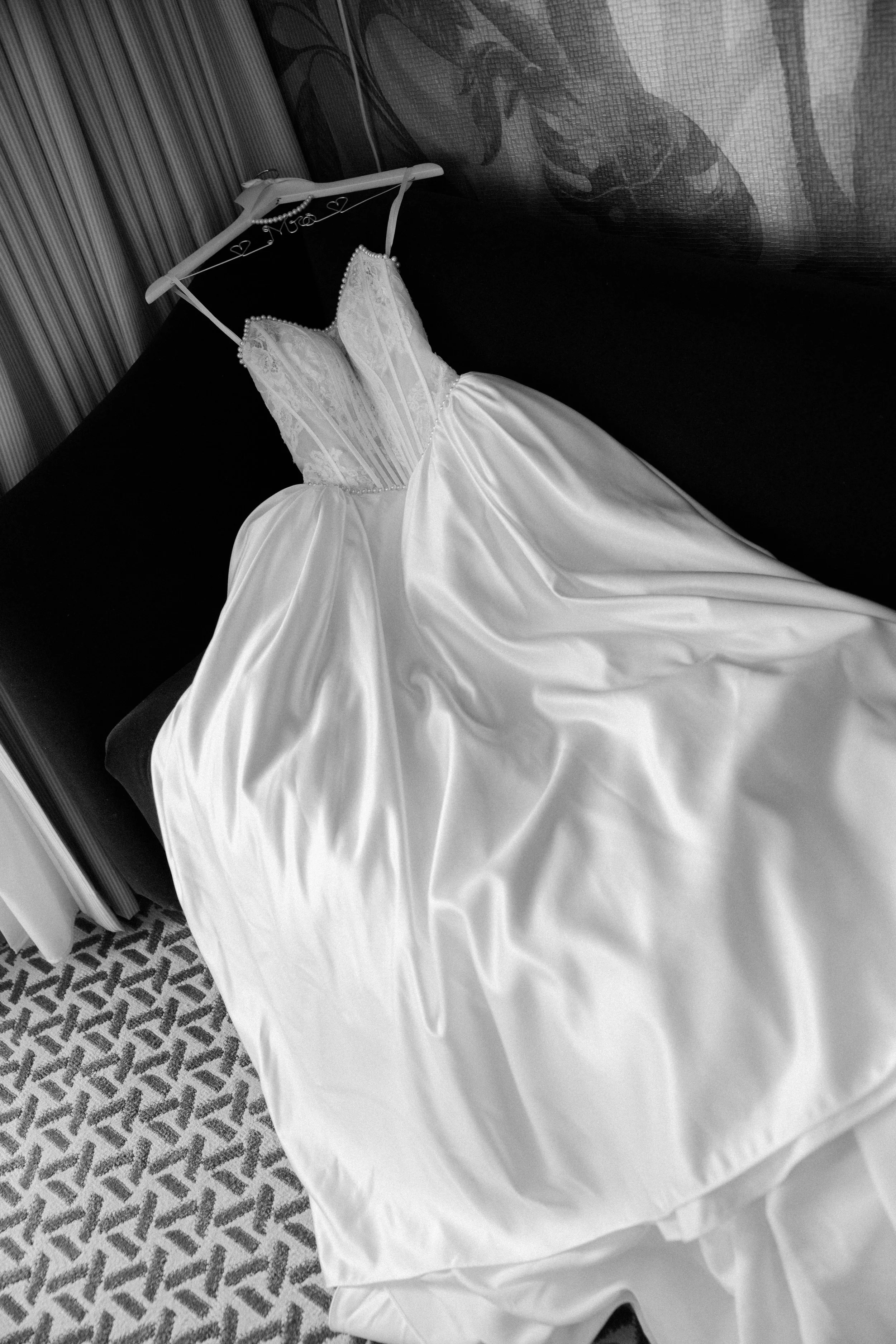 Wedding gown hanging in the bridal suite, Ritz-Carlton Laguna Niguel