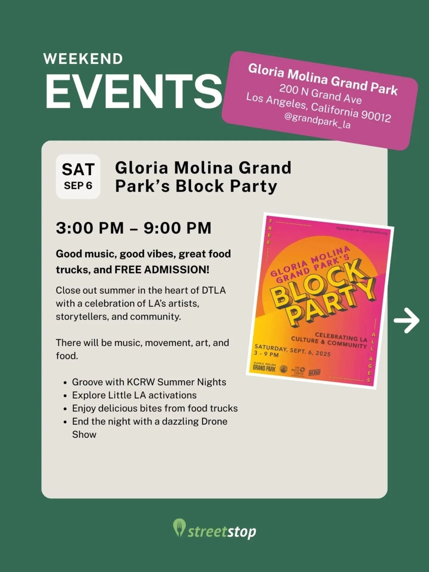 Weekend plans? Covered.

From block parties to night markets, there's something for everyone in LA this weekend:

SAT, SEP 6

Gloria Molina Grand Park&rsquo;s Block Party &mdash; live music, food trucks, and a drone show to close out summer.

@grandp