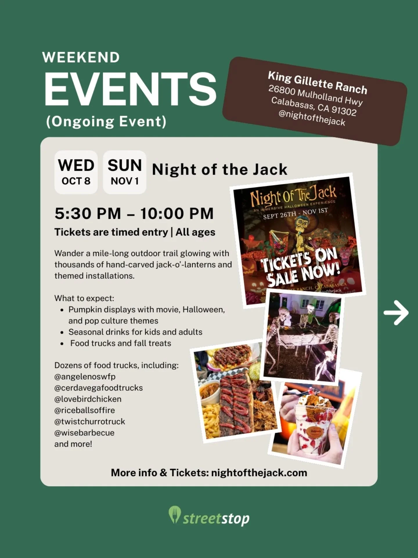 Happening this weekend in LA!
Ongoing through Nov 1
Night of the Jack — @nightofthejack
A glowing outdoor trail of hand-carved pumpkins, themed displays, food trucks, and fall treats
Location: King Gillette Ranch, Calabasas
Food: @angelenoswf