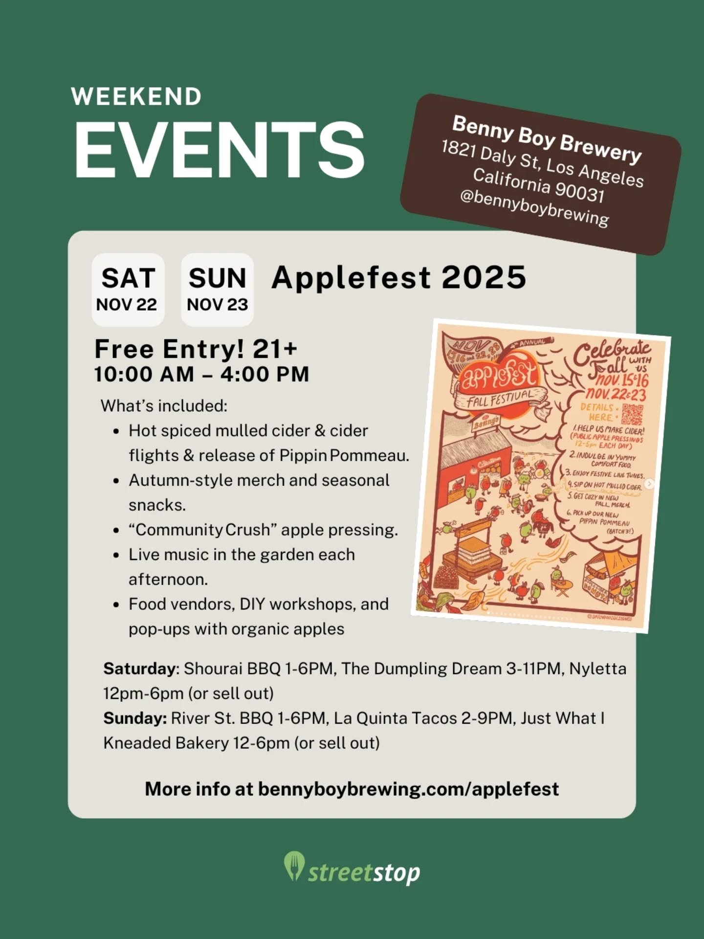 Here&rsquo;s what&rsquo;s happening around LA this weekend:

Saturday &amp; Sunday
Applefest @bennyboybrewing

Saturday
Venice Winter Fest @thevenicefest
Prosperity Market @prosperity.market @farmersmarketla
Okonomiyaki Popup @simpatico_provisions @t