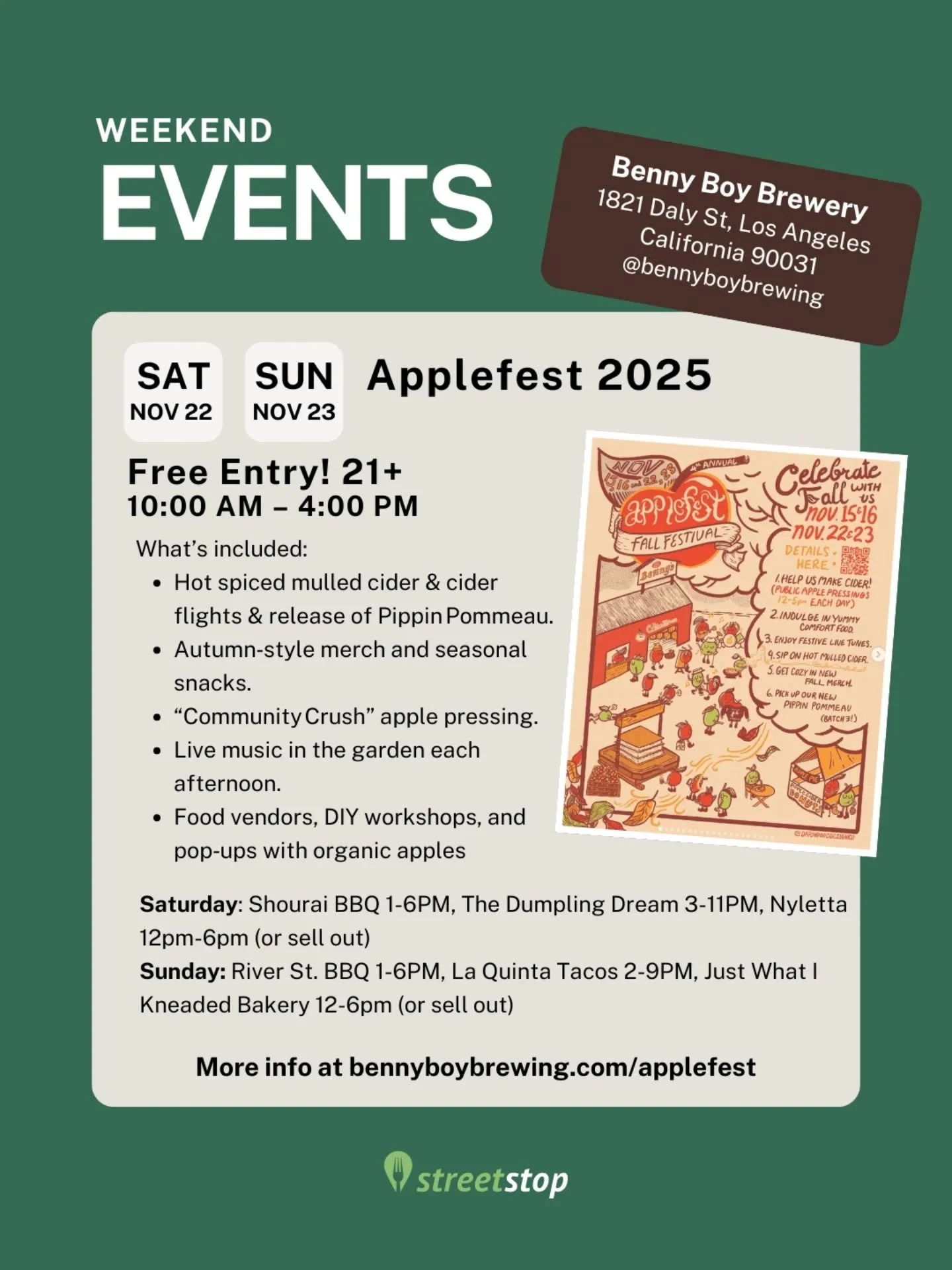 Here&rsquo;s what&rsquo;s happening around LA this weekend:

Saturday &amp; Sunday
Applefest @bennyboybrewing

Saturday
Venice Winter Fest @thevenicefest
Prosperity Market @prosperity.market @farmersmarketla
Okonomiyaki Popup @simpatico_provisions @t