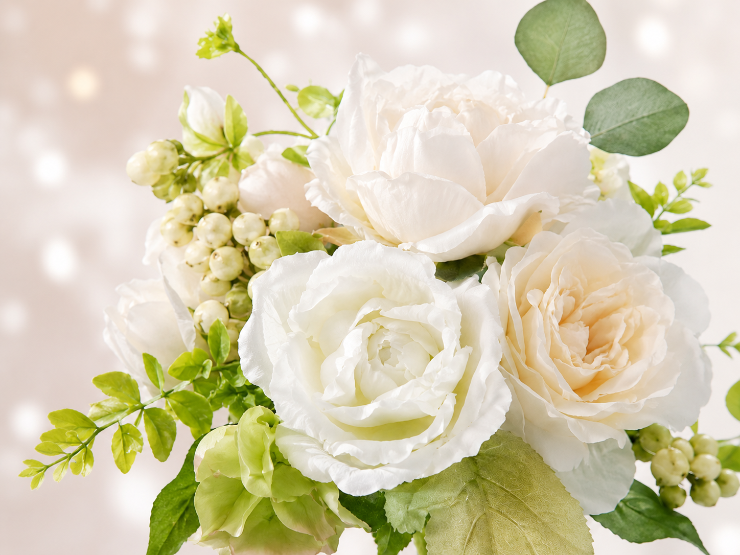 Artificial creamy peony and white rose bouquet with greenery