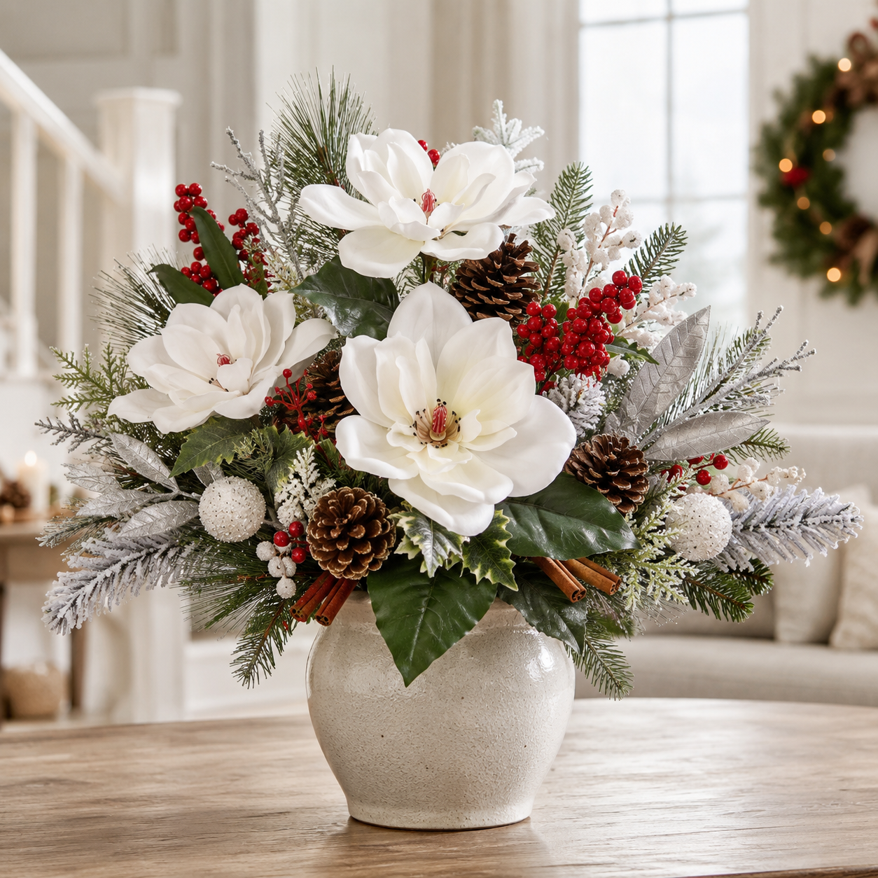 Christmas artificial floral arrangement with faux magnolia, pine, and berries in vase