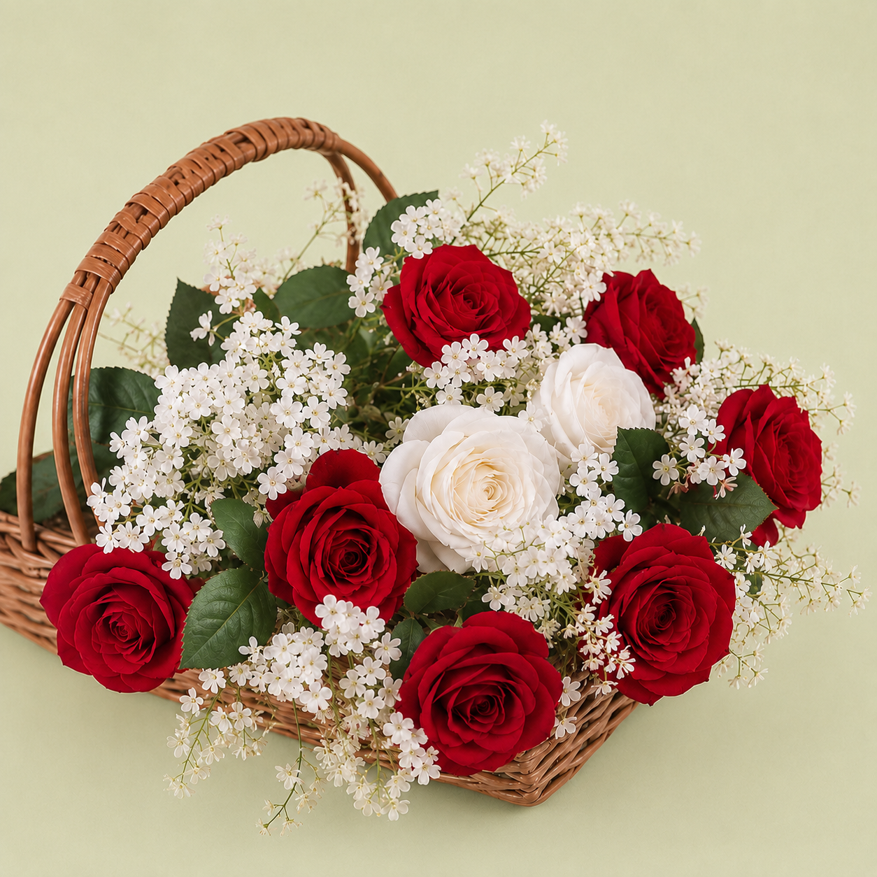 Artificial red and white rose basket arrangement with baby's breath