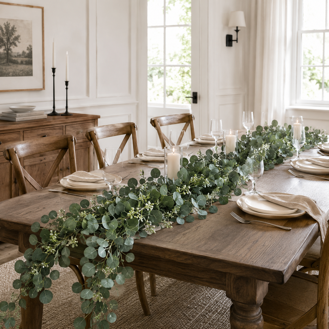 Everyday artificial greenery collection — faux eucalyptus garland on dining table