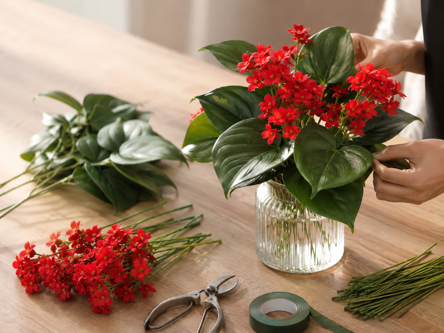 Artificial red kalanchoe flowering plant in glass vase