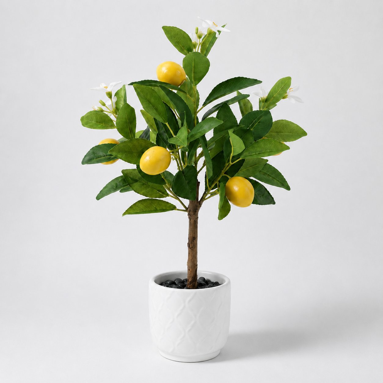 Artificial potted lemon tree with realistic green leaves and yellow lemons for home décor