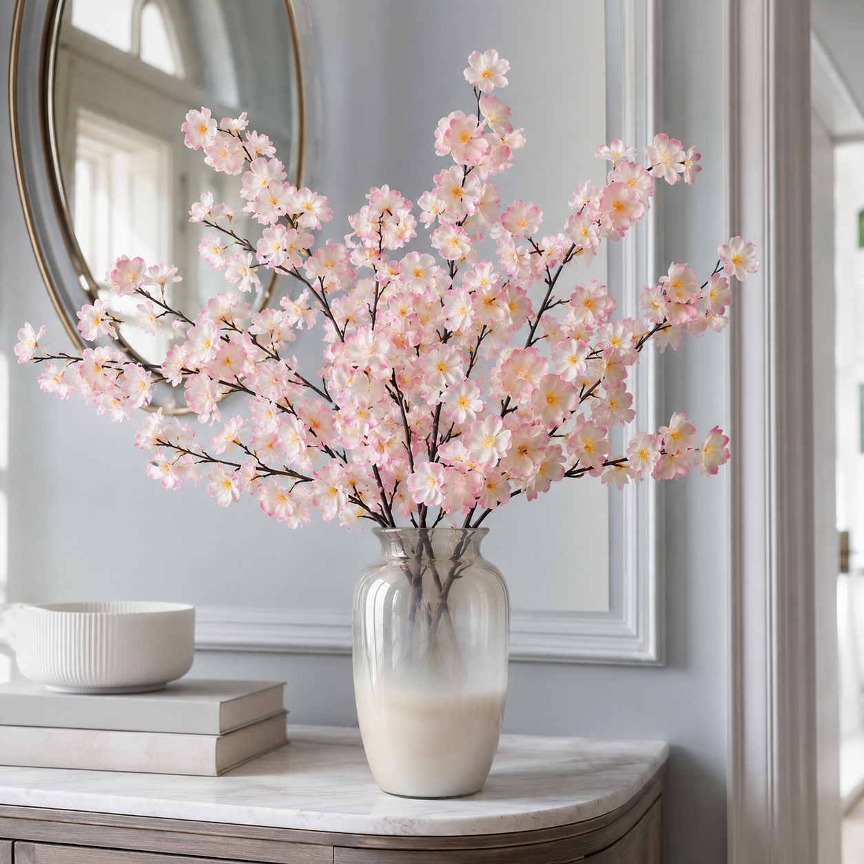 Spring artificial cherry blossom branches in vase — soft pink faux florals