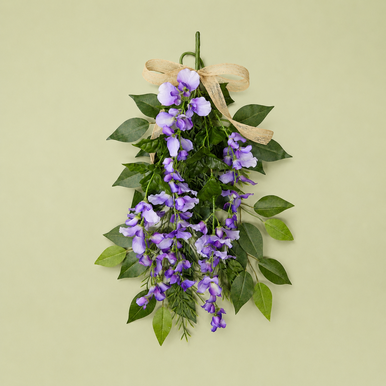 Artificial purple wisteria hanging basket with ribbon and trailing greenery