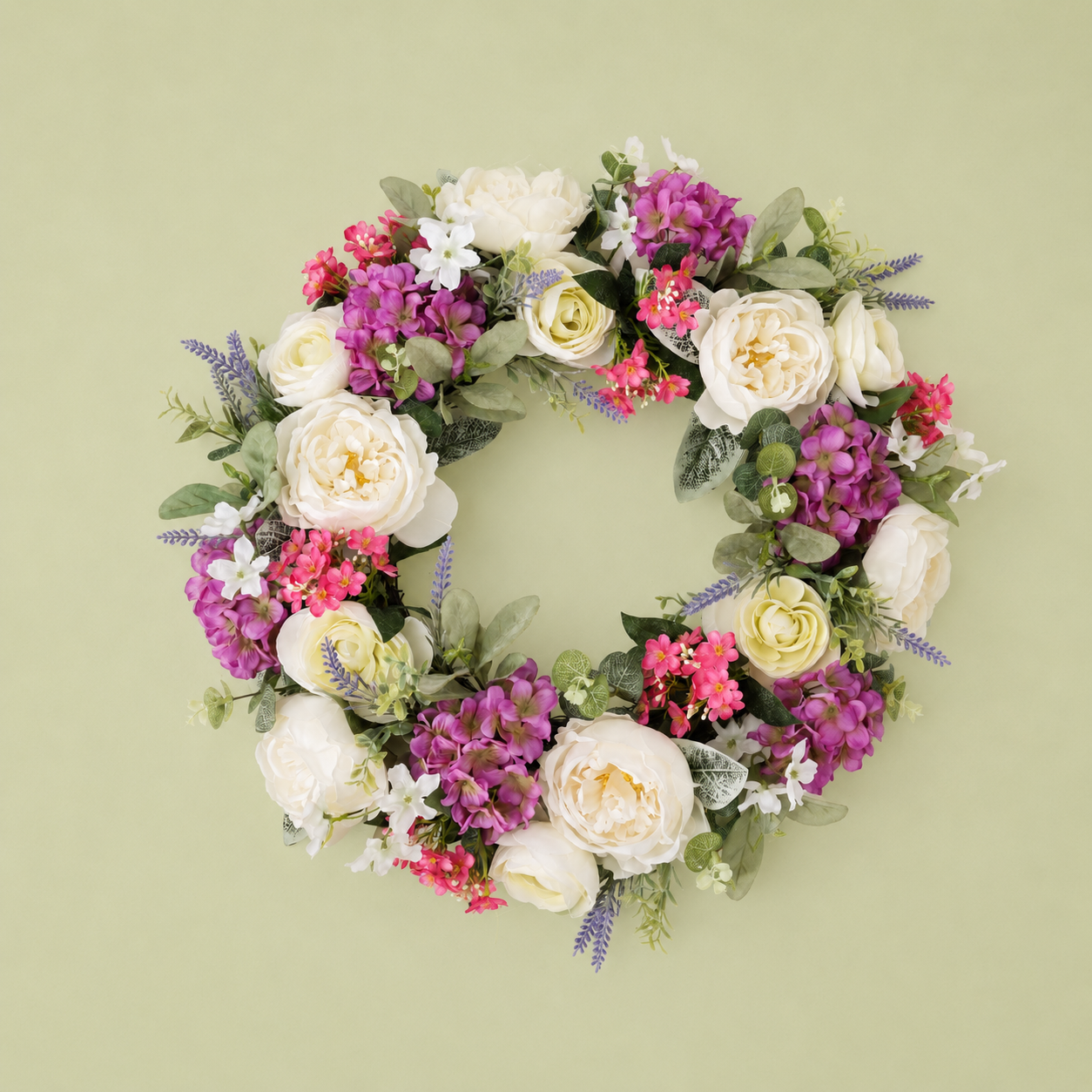 Artificial cream rose and hydrangea wreath with purple lavender accents